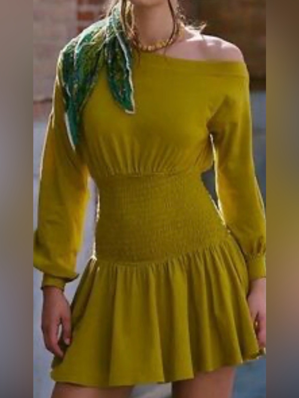 Free People smoking hot One-Shoulder Smocked Waist Mini Dress in mustard color